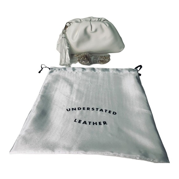 Understated Leather Vegan Crescent Clutch Fringe Handbag Ivory Dustbag NWOT $110 - Picture 4 of 10